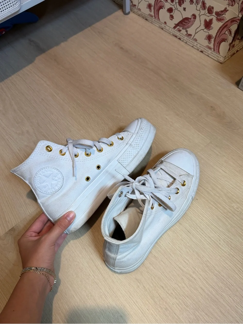 Converse White High-Top Sneakers with Gold Eyelets